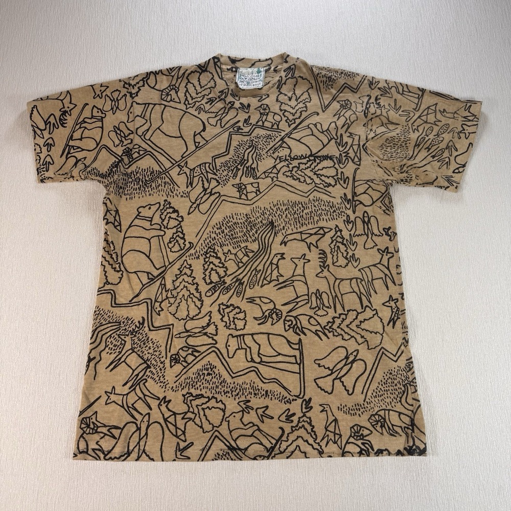 VTG LOCAL COLOR ART CLOTHES all over print YELLOWSTONE Wildlife TShirt USA RARE
